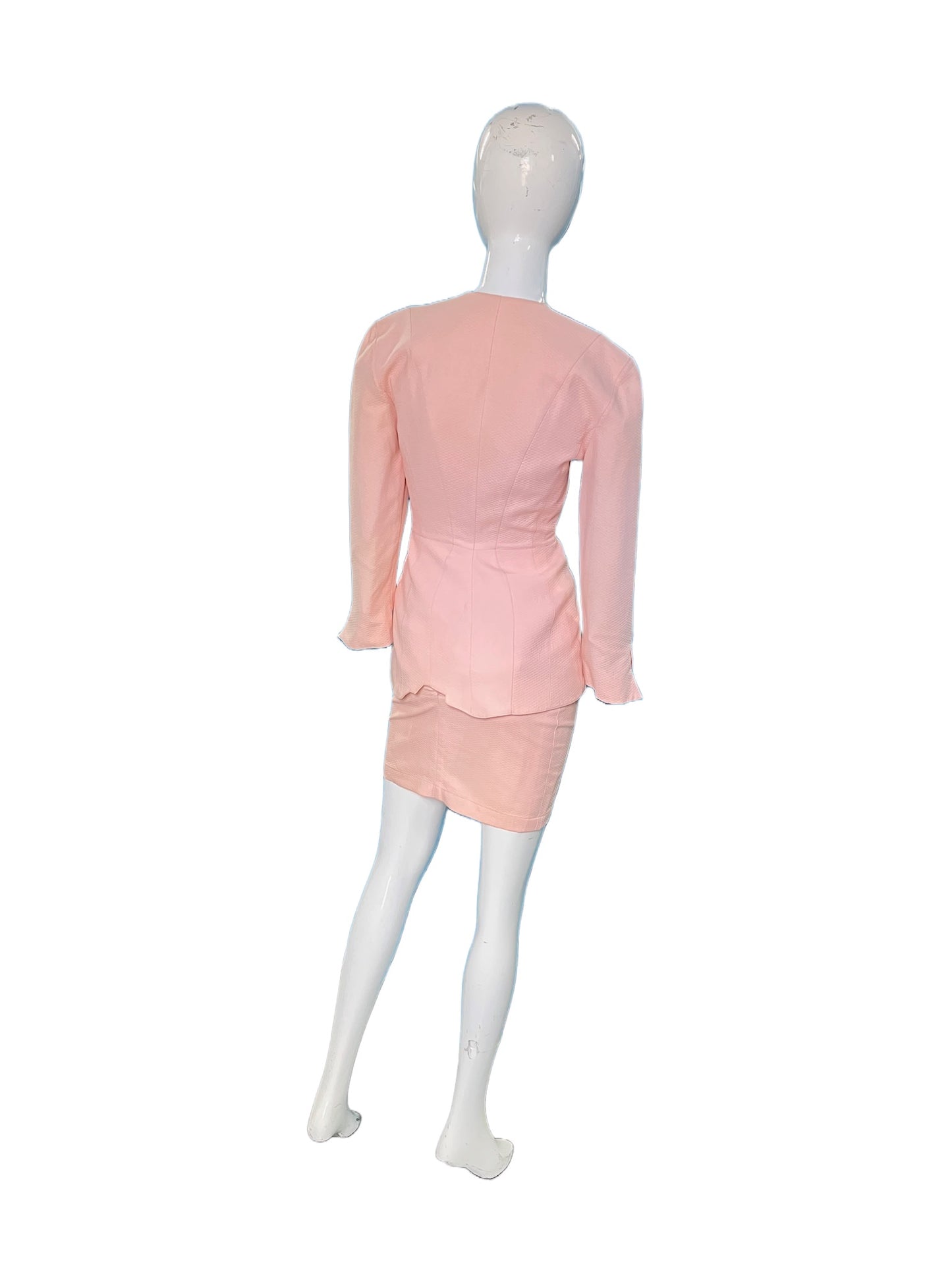 Thierry Mugler 80s couture puckered baby pink suit set w skirt