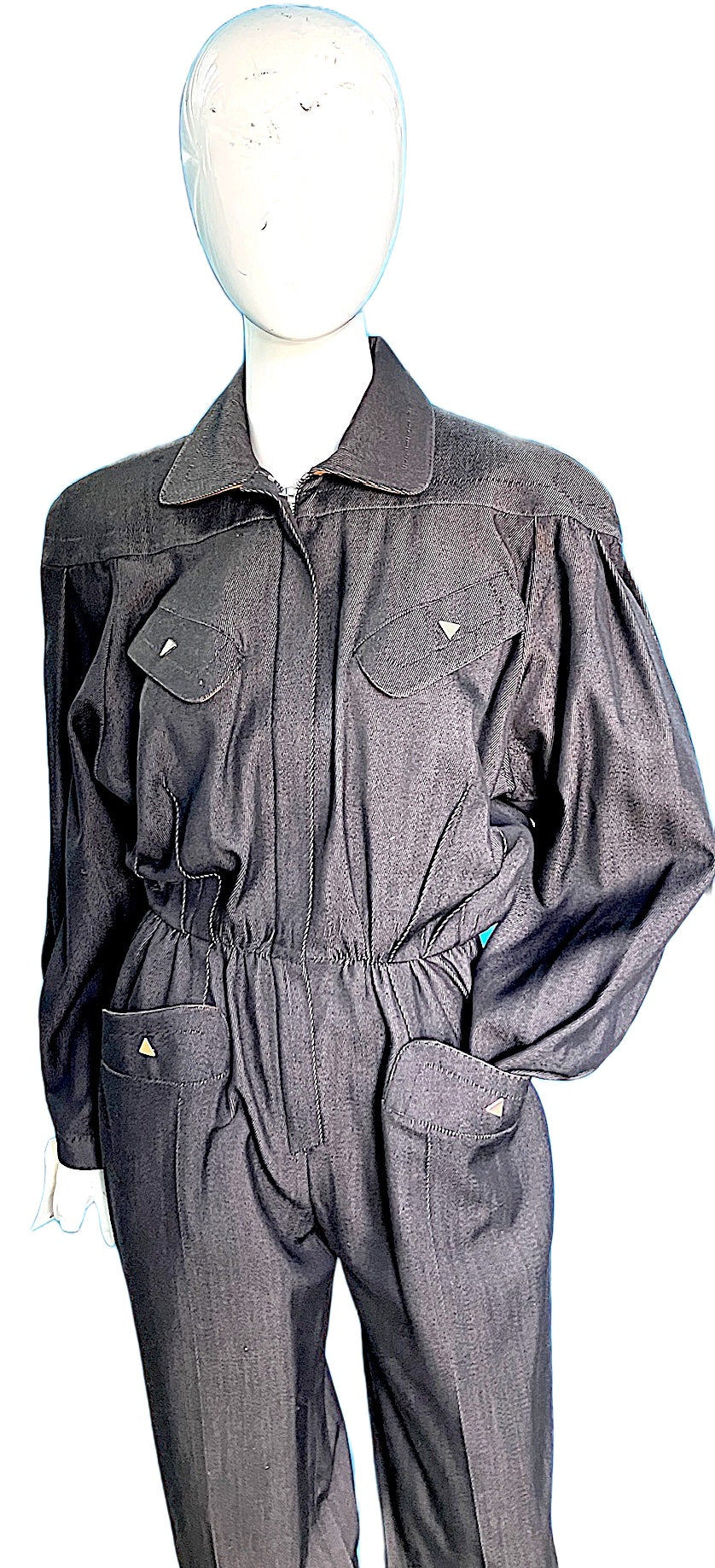 Thierry Mugler 80s Denim jumpsuit w triangle metal bottom