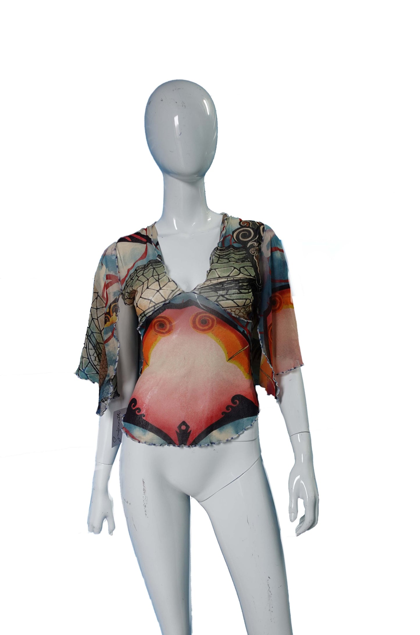 Jean-Paul GAULTIER FEMME 2000s Printed Mesh Top Sky blue Koi print