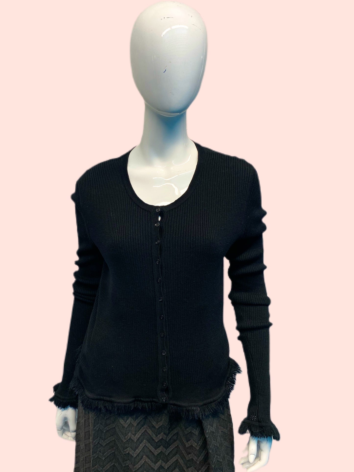1990’s John Galliano Wool Ribbed Knit Fringe Trim Cardigan