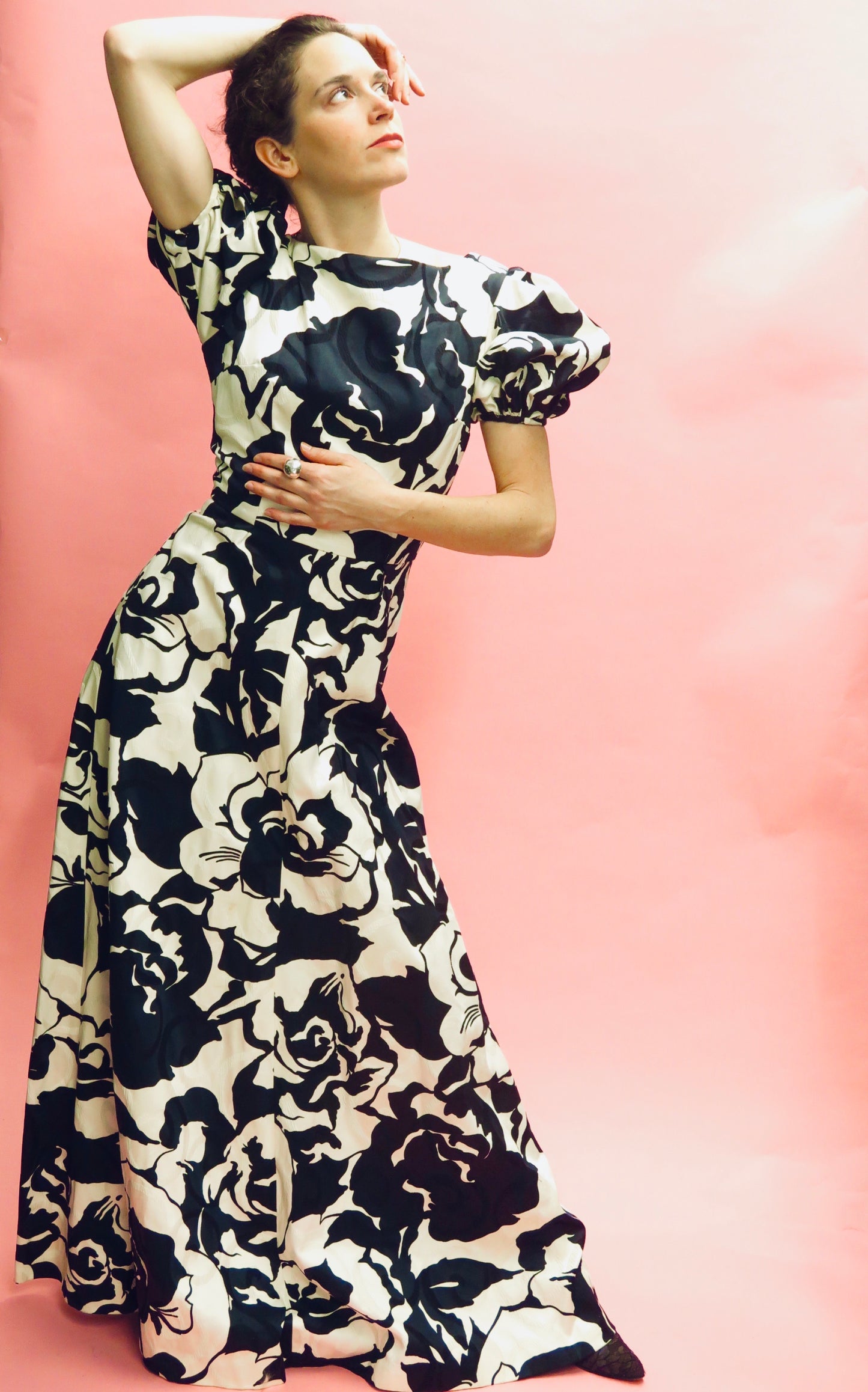 Floral Jacquard Short Puff Sleeve Gown