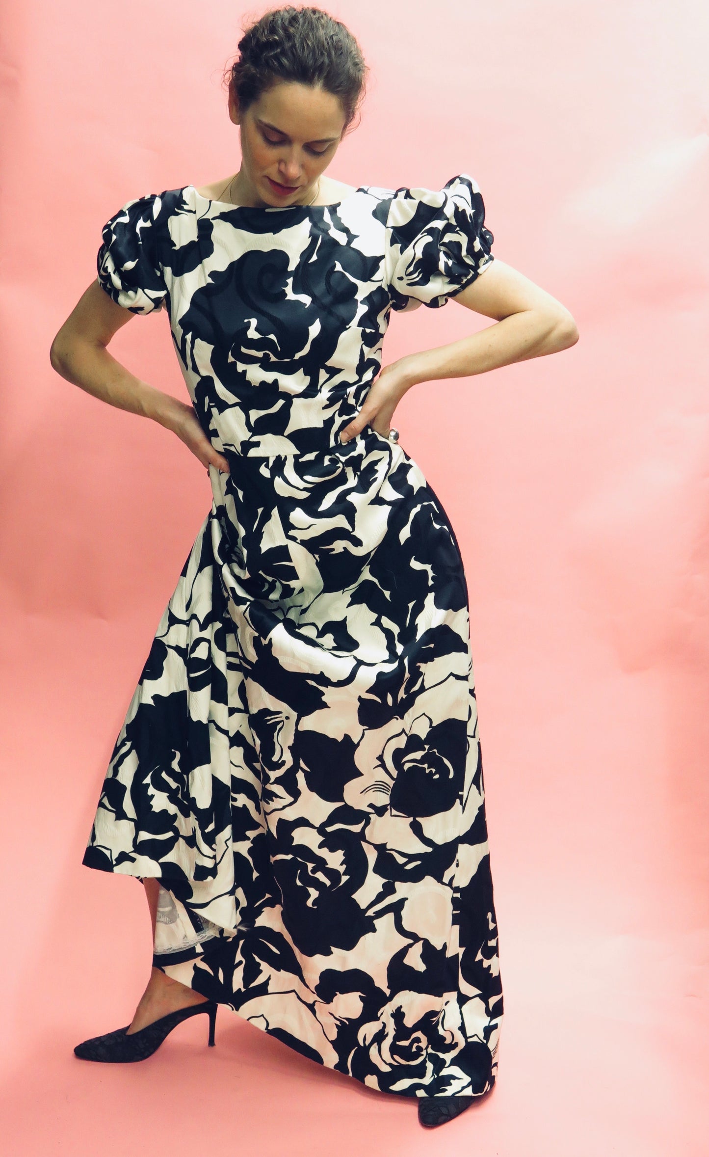 Floral Jacquard Short Puff Sleeve Gown