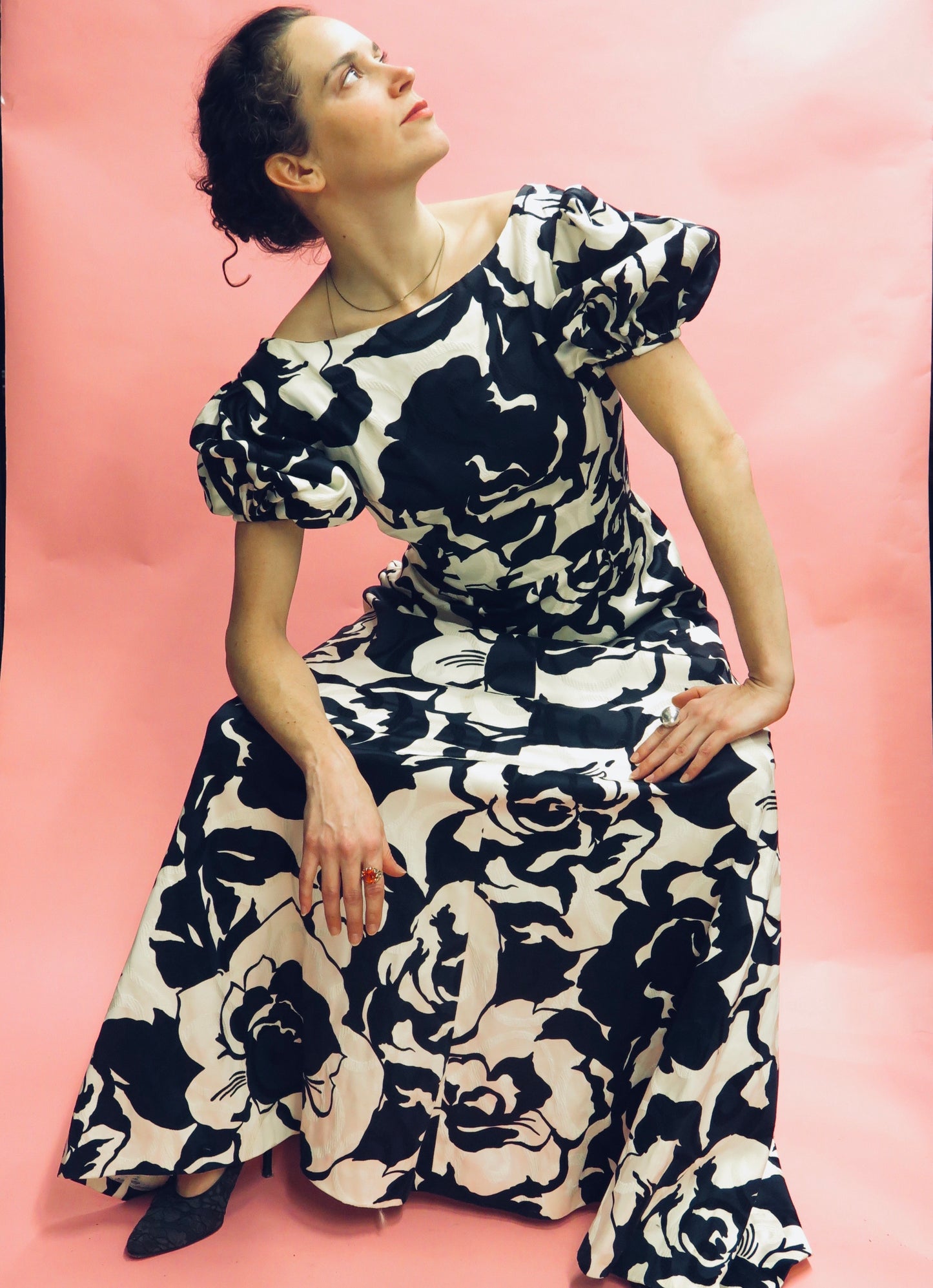 Floral Jacquard Short Puff Sleeve Gown