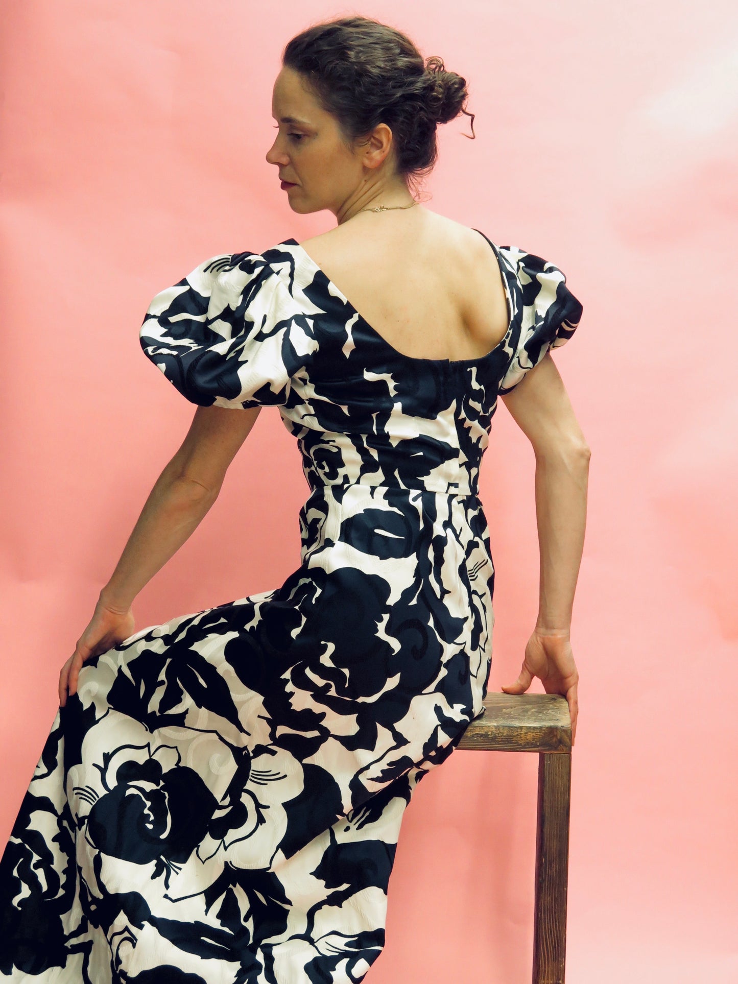 Floral Jacquard Short Puff Sleeve Gown