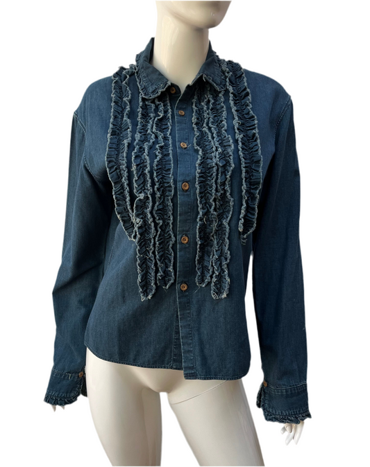 Japanese Denim Ruffled Button Up