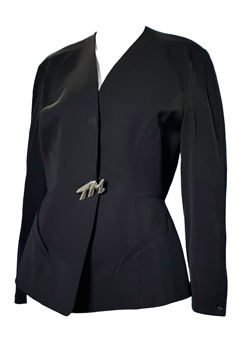 Thierry Mugler 1990’s black couture blazer w TM pins