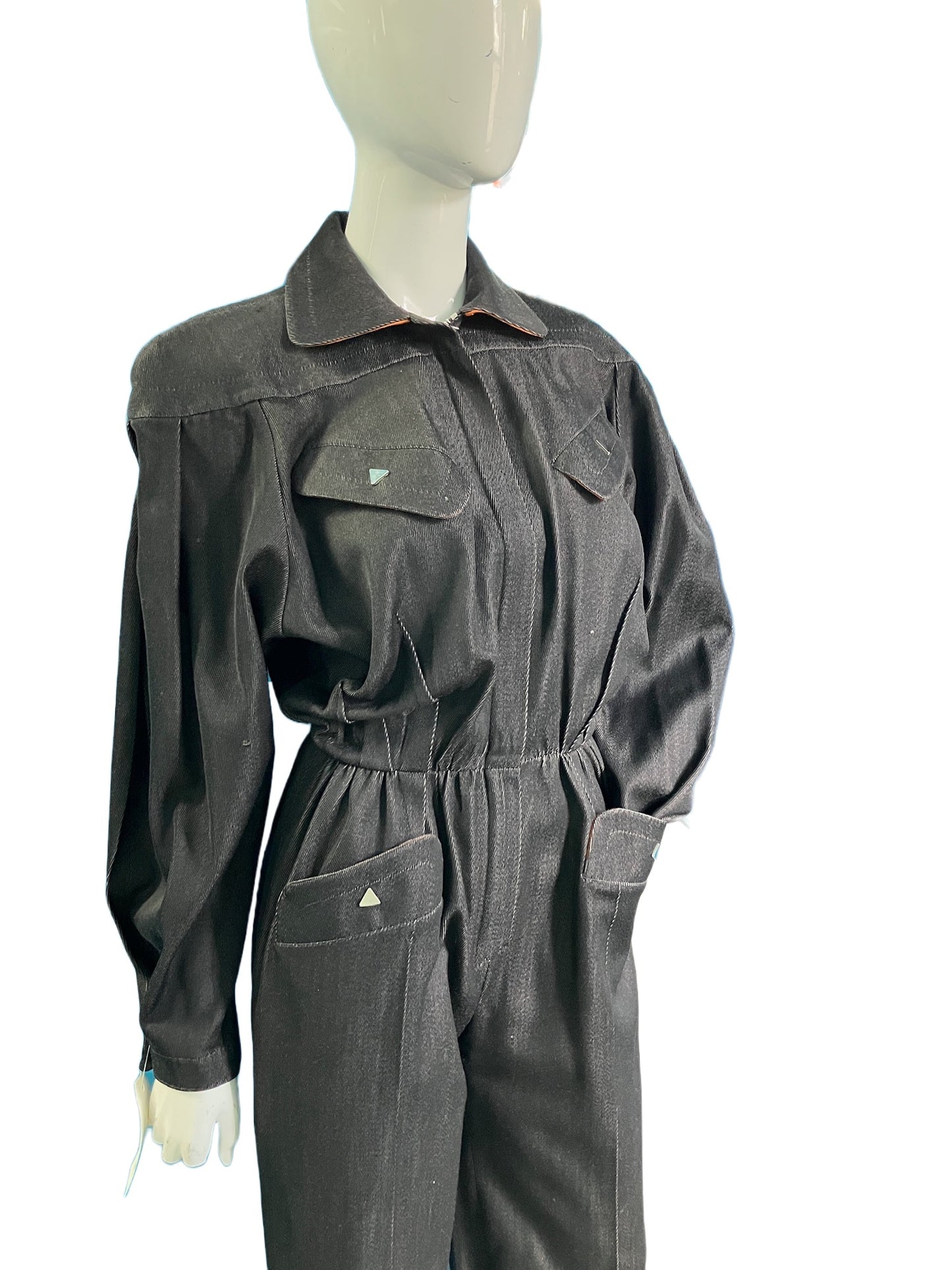 Thierry Mugler 80s Denim jumpsuit w triangle metal bottom 