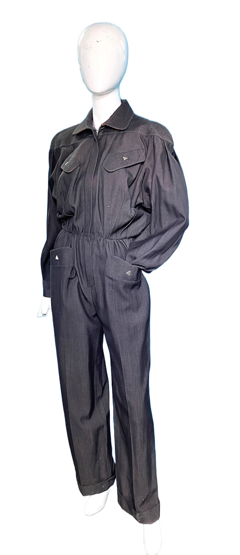 Thierry Mugler 80s Denim jumpsuit w triangle metal bottom 