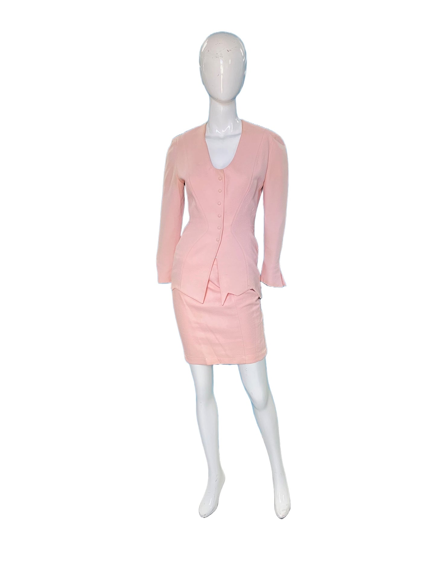 Thierry Mugler 80s couture  puckered baby pink suit set w skirt