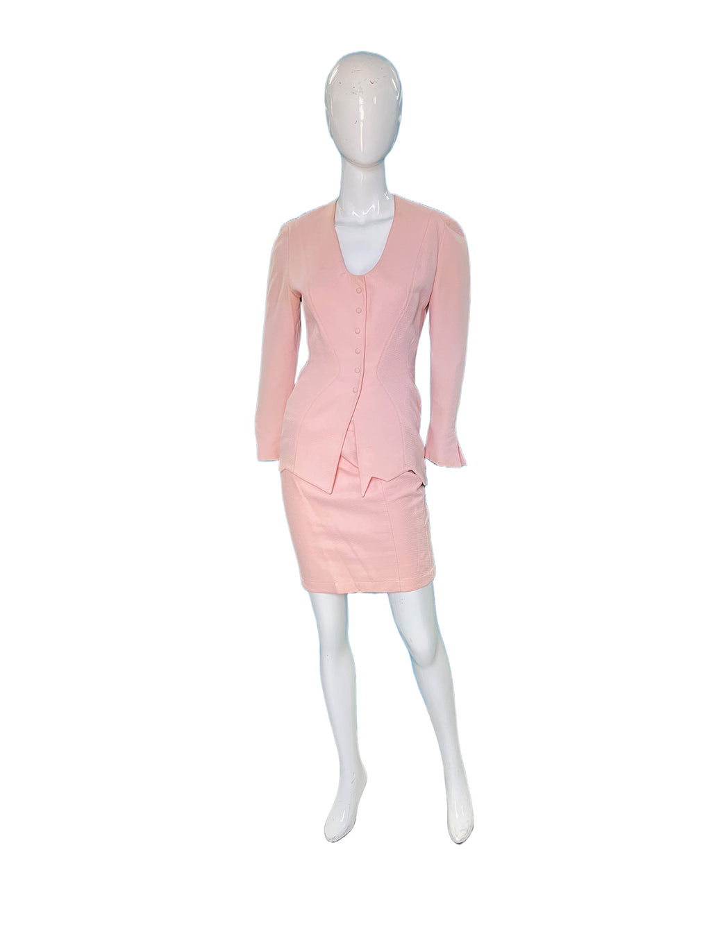 Thierry Mugler 80s couture  puckered baby pink suit set w skirt