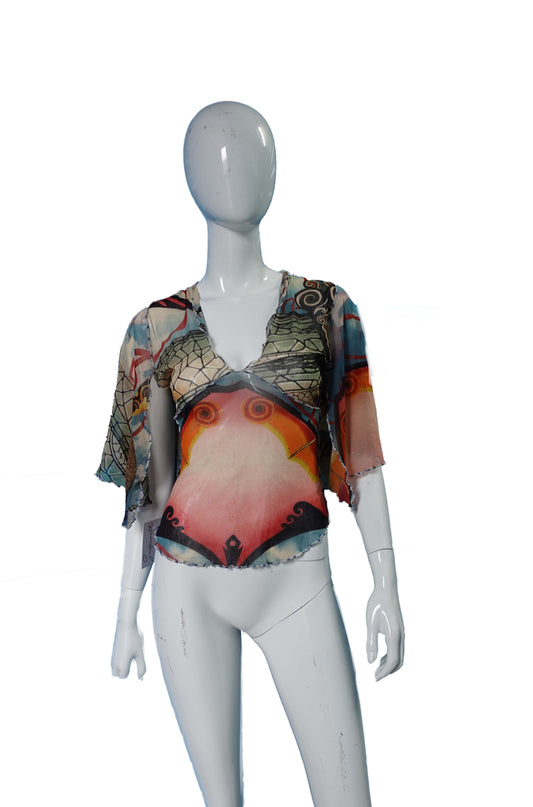 Jean-Paul GAULTIER FEMME 2000s Printed Mesh Top Sky blue Koi print