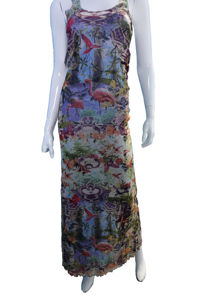 Jean Paul Gaultier Soleil sheer tropical print flamingo mesh long dress