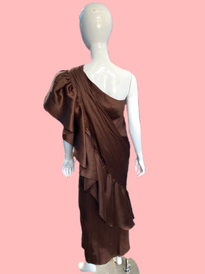 1970’s Halston Chocolate Silk Chiffon One Shoulder Ruffle Gown