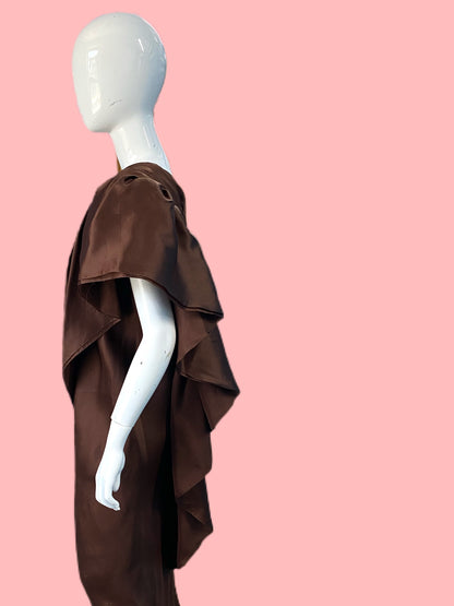 1970’s Halston Chocolate Silk Chiffon One Shoulder Ruffle Gown