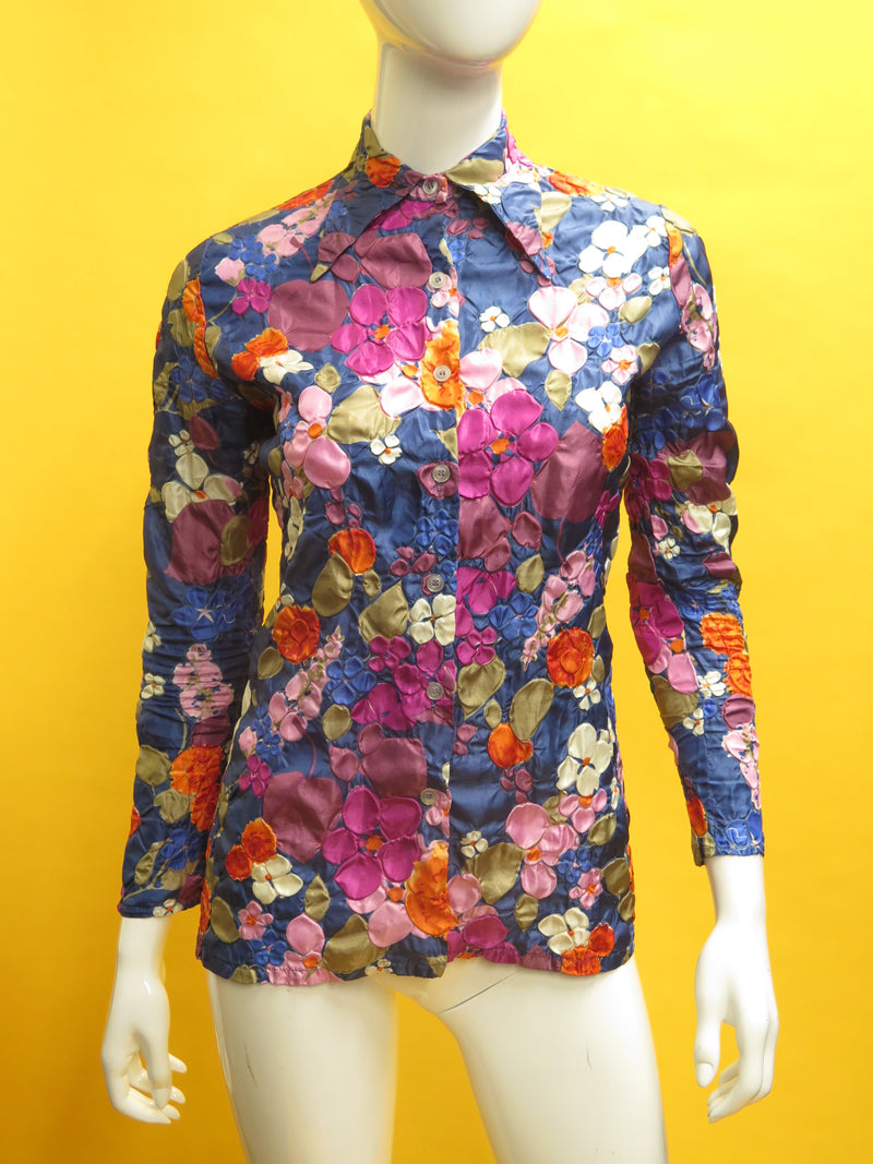 1970’s Silk Floral Silk Jacquard Button Down Blouse