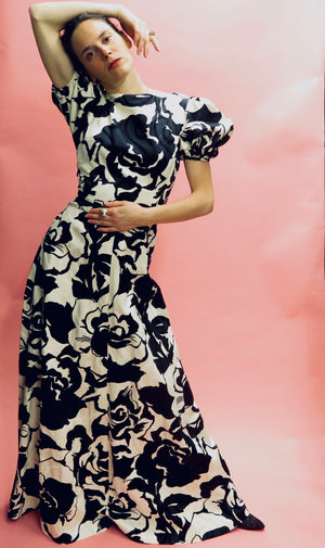 Floral Jacquard Short Puff Sleeve Gown