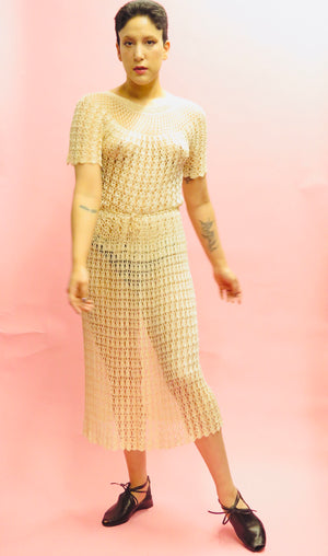 1970’s Champagne Crochet Drawstring Skirt Set