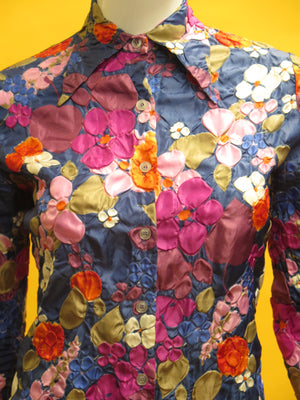 1970’s Silk Floral Silk Jacquard Button Down Blouse