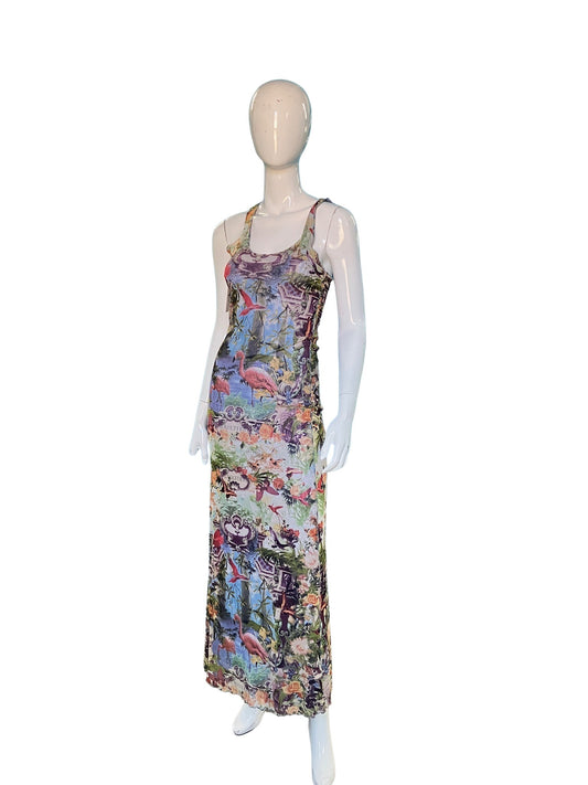 Jean Paul Gaultier Soleil sheer tropical print flamingo mesh long dress