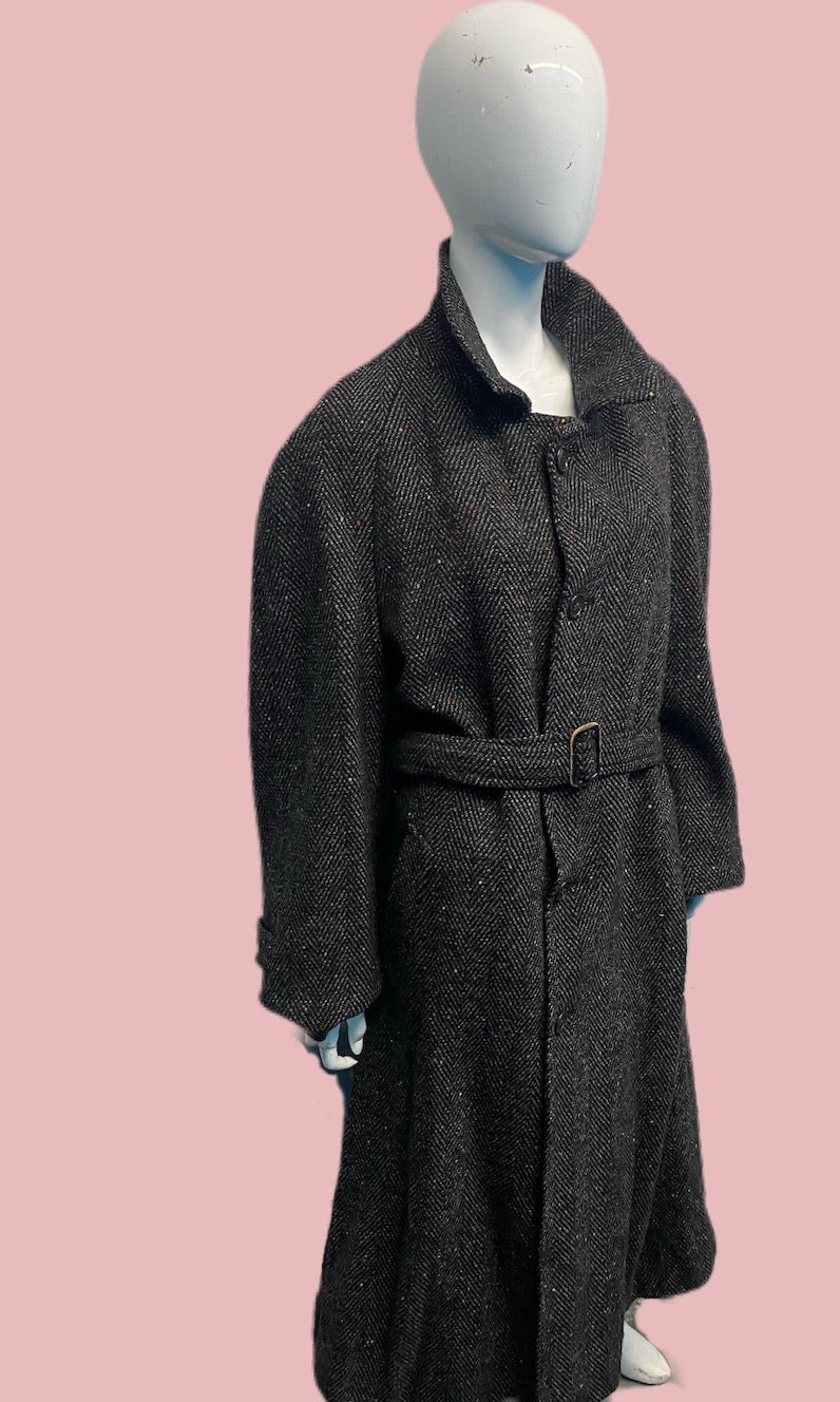 80’s Italian Melange Tweedy Herringbone Wool Belted Coat