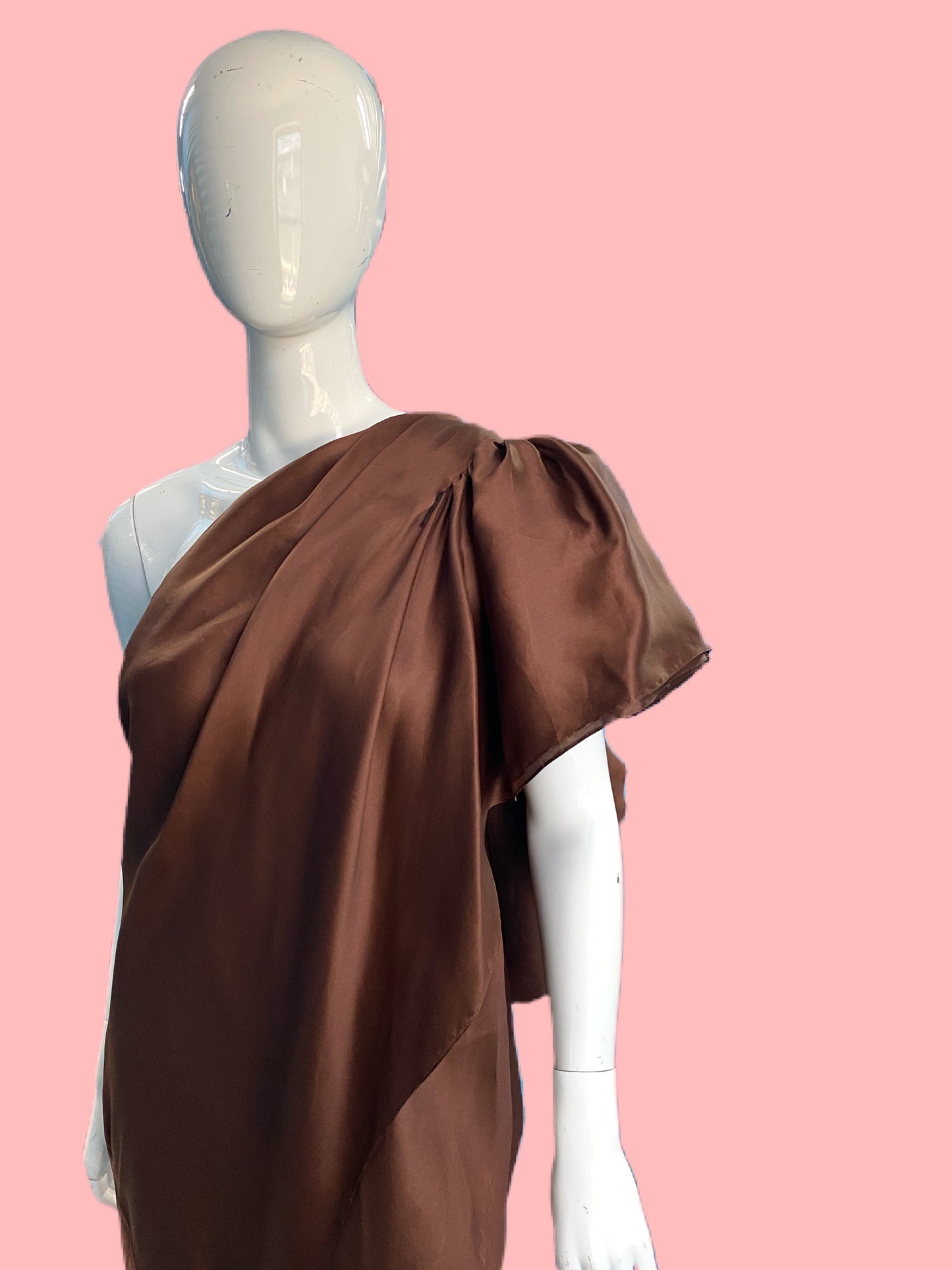 1970’s Halston Chocolate Silk Chiffon One Shoulder Ruffle Gown