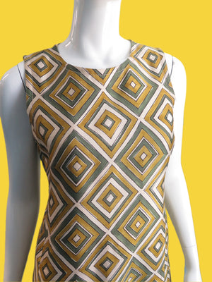 1990s Prada Wool Silk Painted Diamond Print A-Line Dress