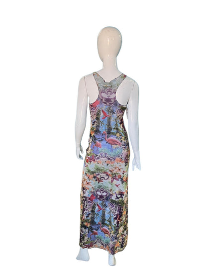 Jean Paul Gaultier Soleil sheer tropical print flamingo mesh long dress