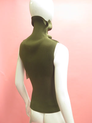 Issey Miyake Pleats Please Olive Funnel Neck Tunic Top