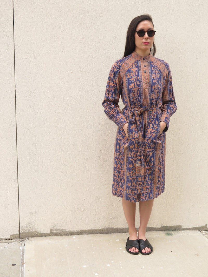 1970’s Belted Indian Cotton Batik Print Dress