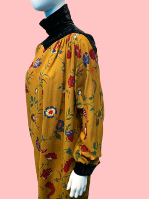 1980’s Emmanuel Ungaro Parallel Floral Wool & Velvet Trapeze Dress