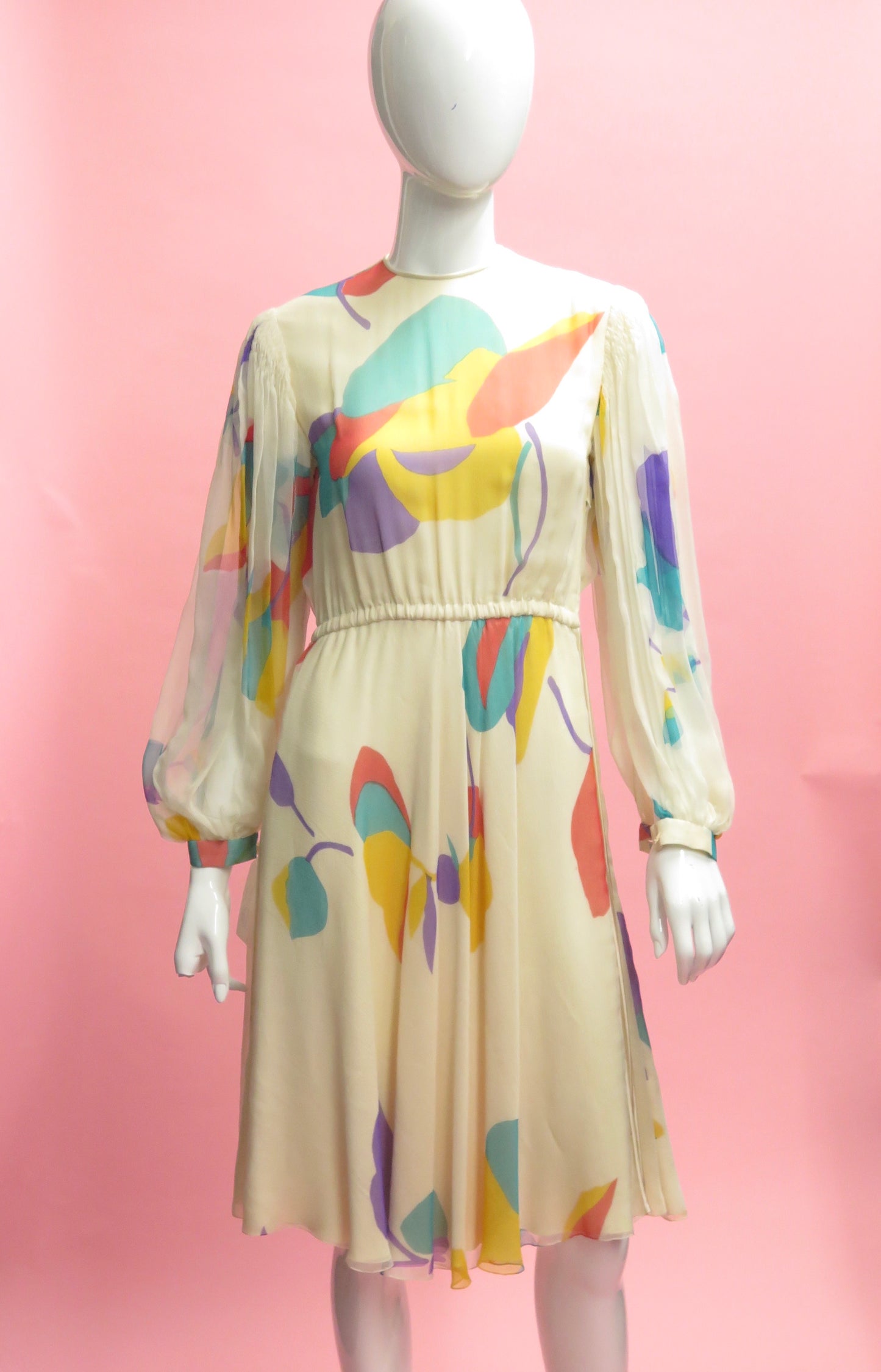 Galanos Floral Silk Chiffon Bishop Sleeve Dress