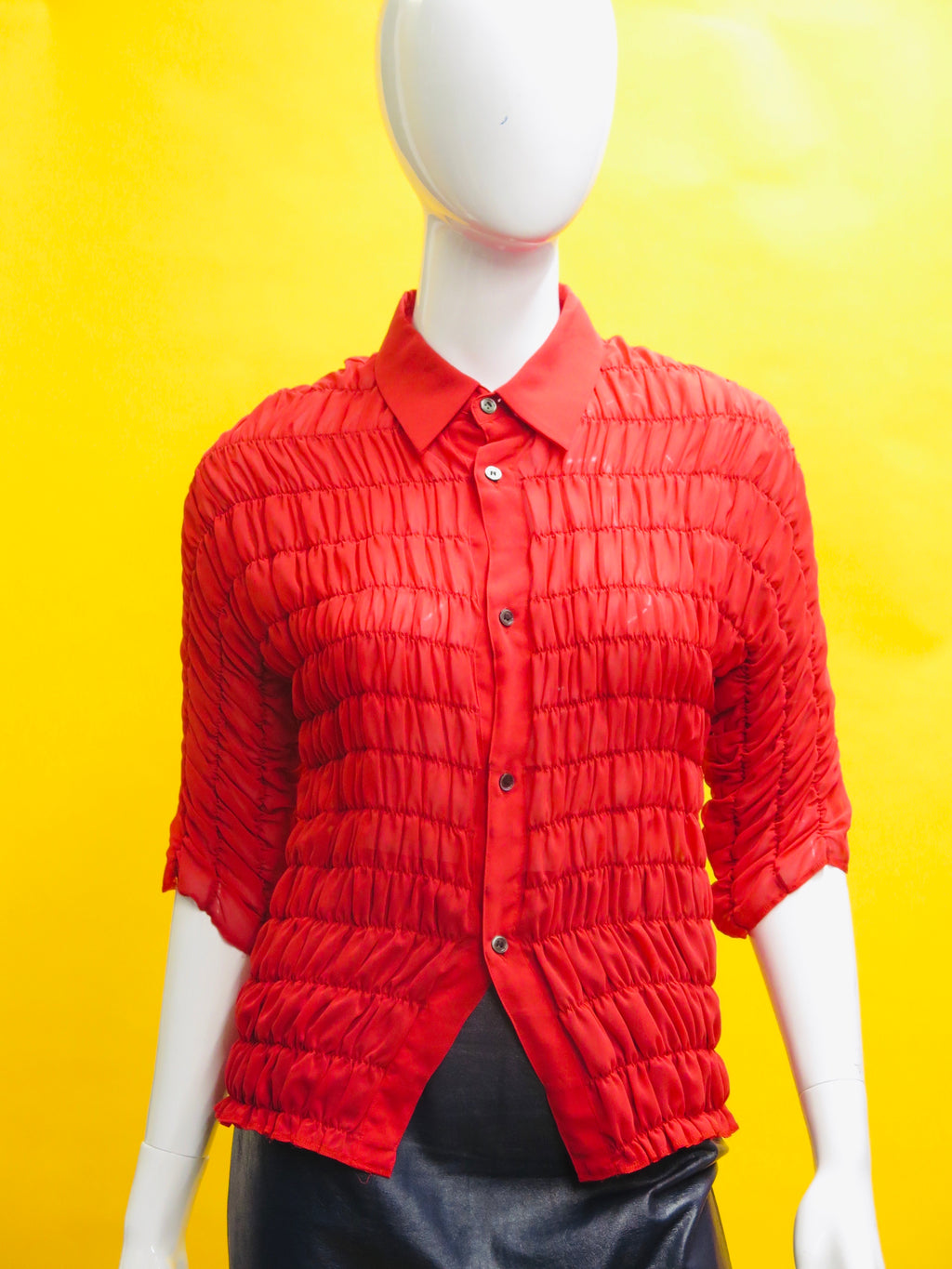 Comme Des Garcons Cherry Red Curtain Pleated Button Down Blouse